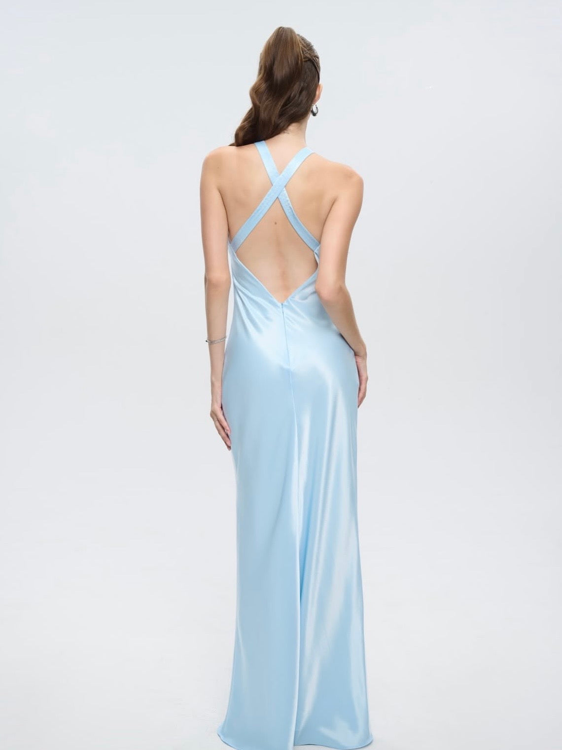 Grace Halterneck Satin Gown - Baby Blue