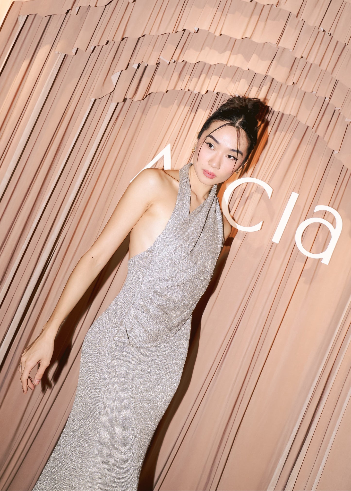 Elma Lurex Knit Halter Maxi Dress - Silver