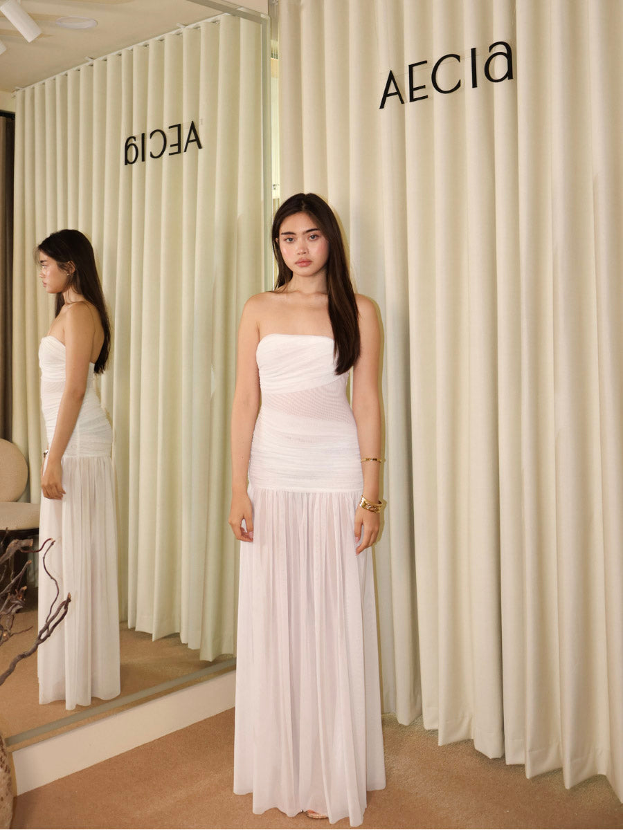 White Bandeau Mesh Midi Dress