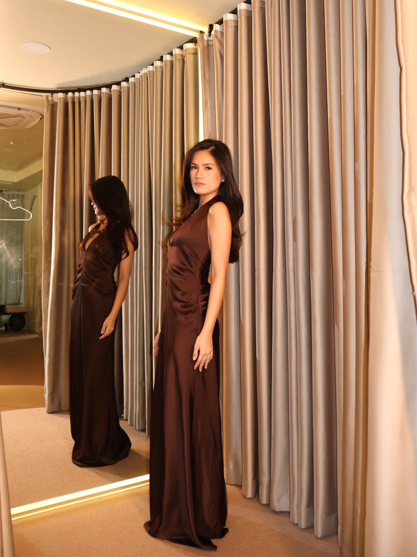 Margaret V-Neck Satin Gown - Brown