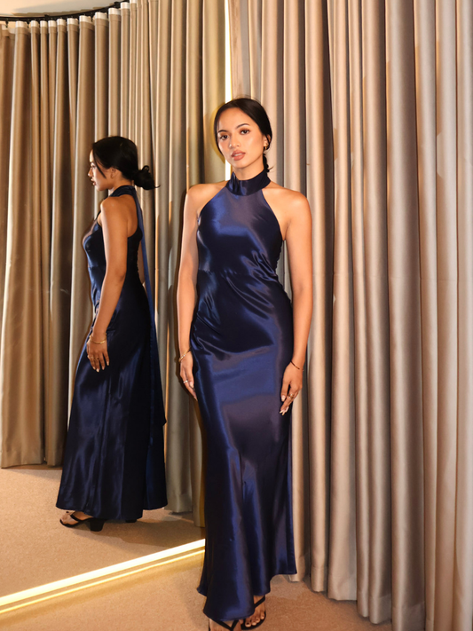 Gloria Halter Neck Satin Gown - Blue