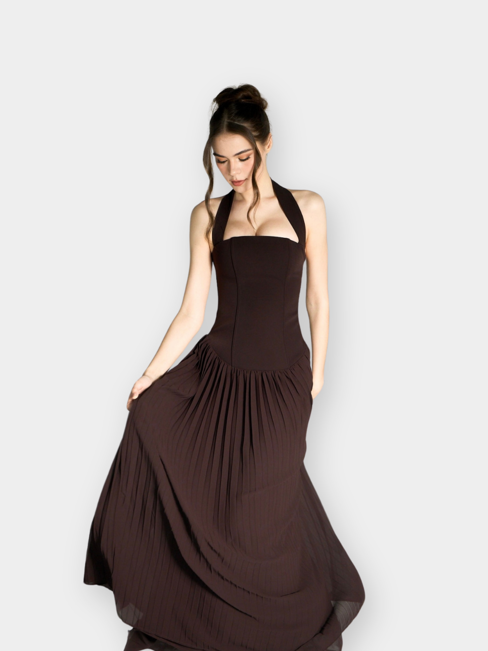 Stacie Pleated Halter Maxi Dress - Cacao Aecia Stacie Pleated Halter Maxi Dress - Cacao Aecia