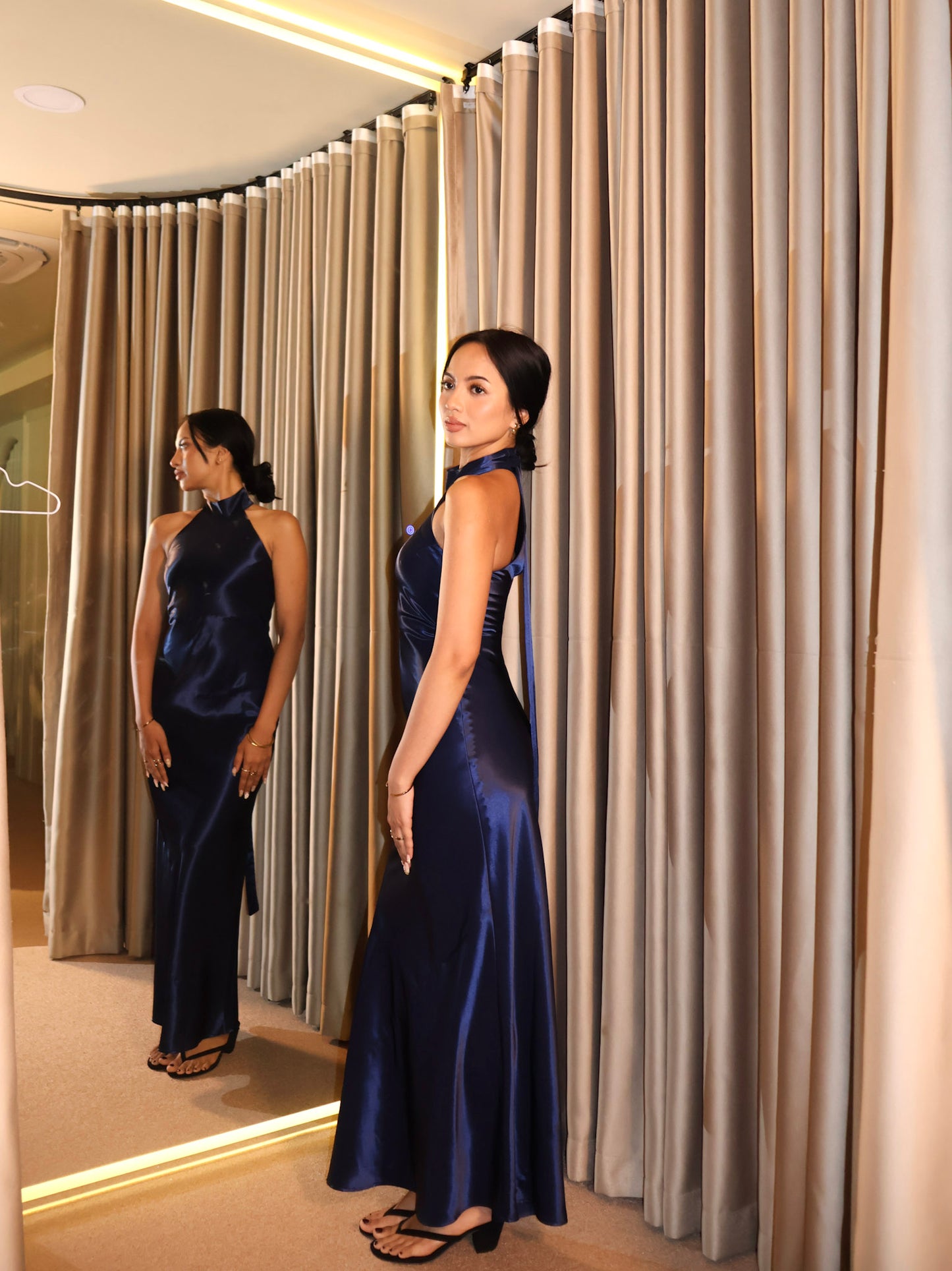 Gloria Halter Neck Satin Gown - Blue