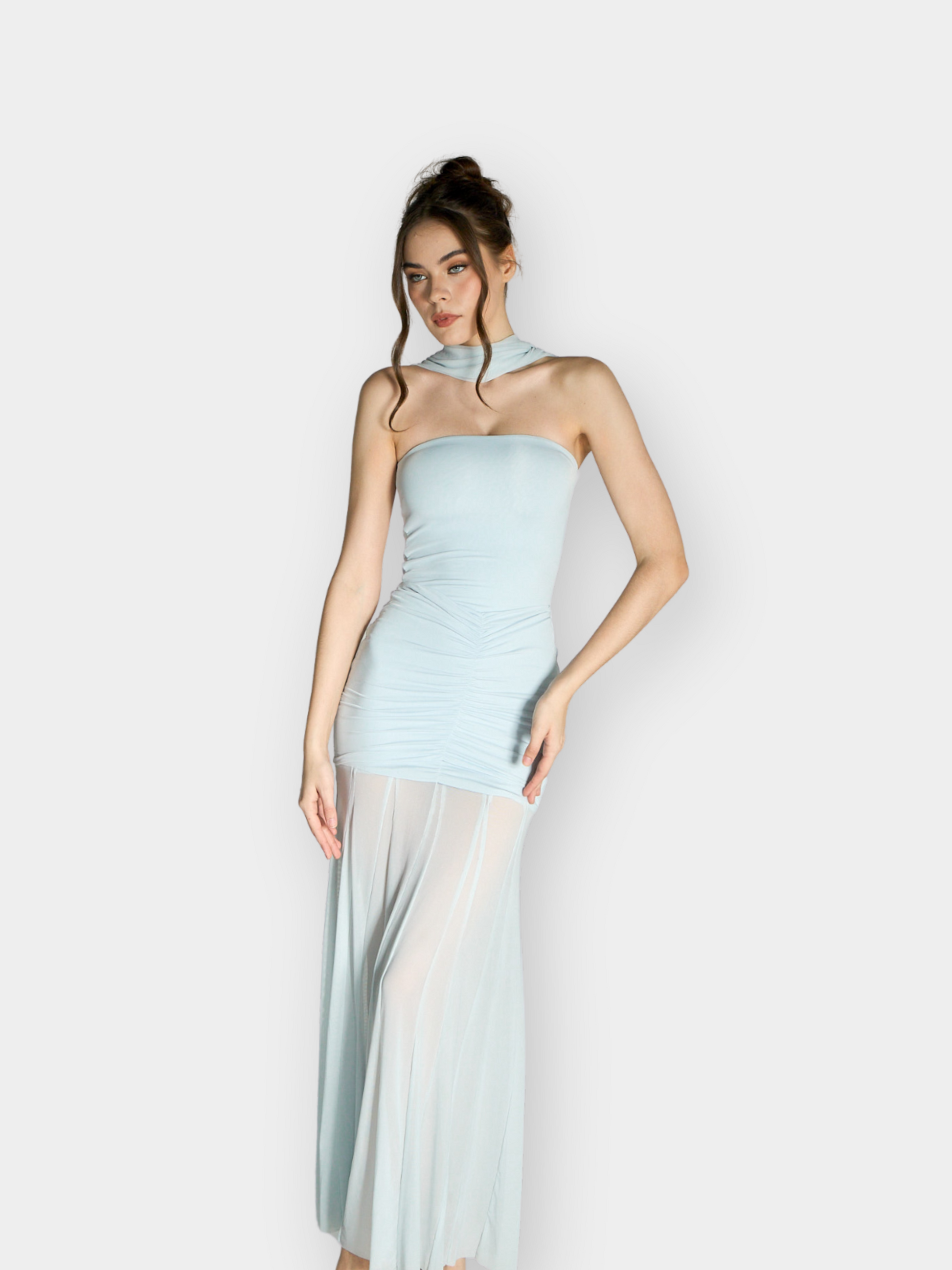 Caspian Slinky And Mesh Off Shoulder Maxi Dress - Pale Blue Aecia Caspian Slinky And Mesh Off Shoulder Maxi Dress - Pale Blue Aecia