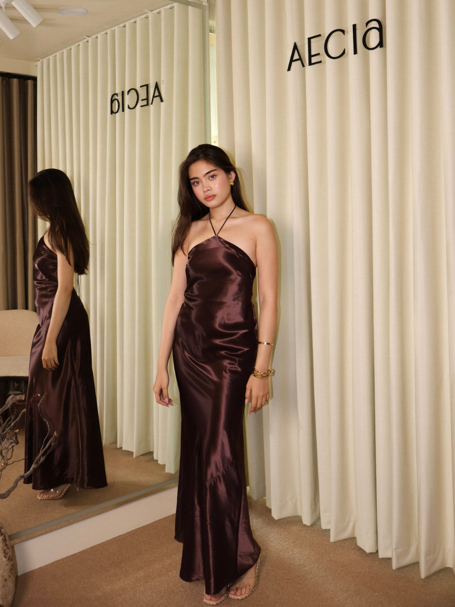 Sofia Halter Neck Dress - Brown