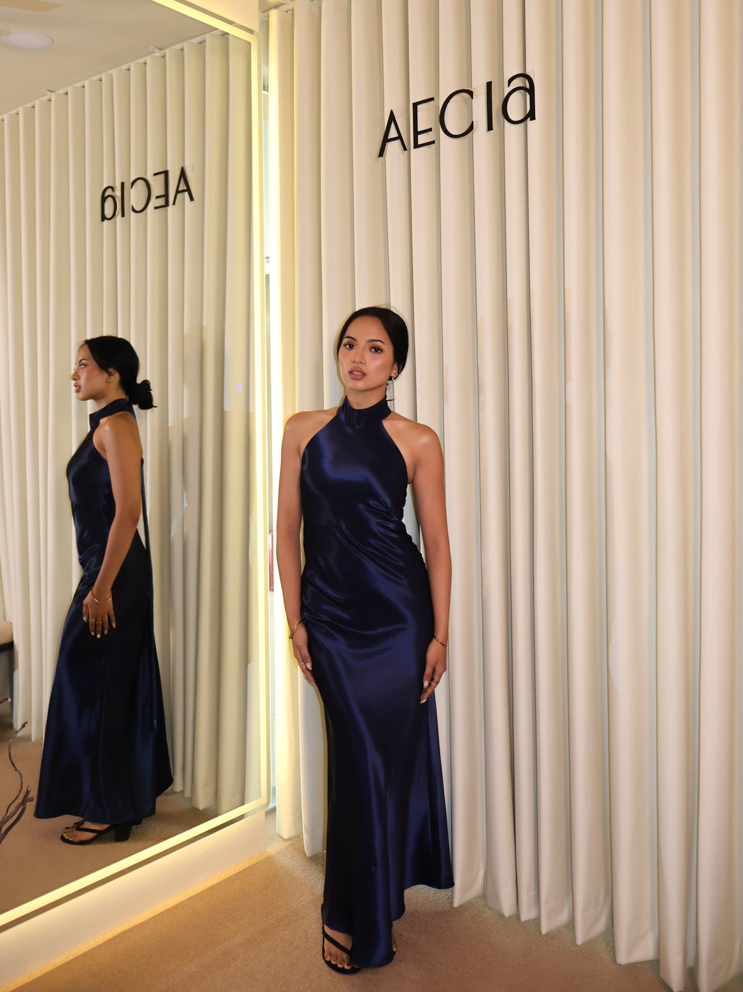 Gloria Halter Neck Satin Gown - Blue