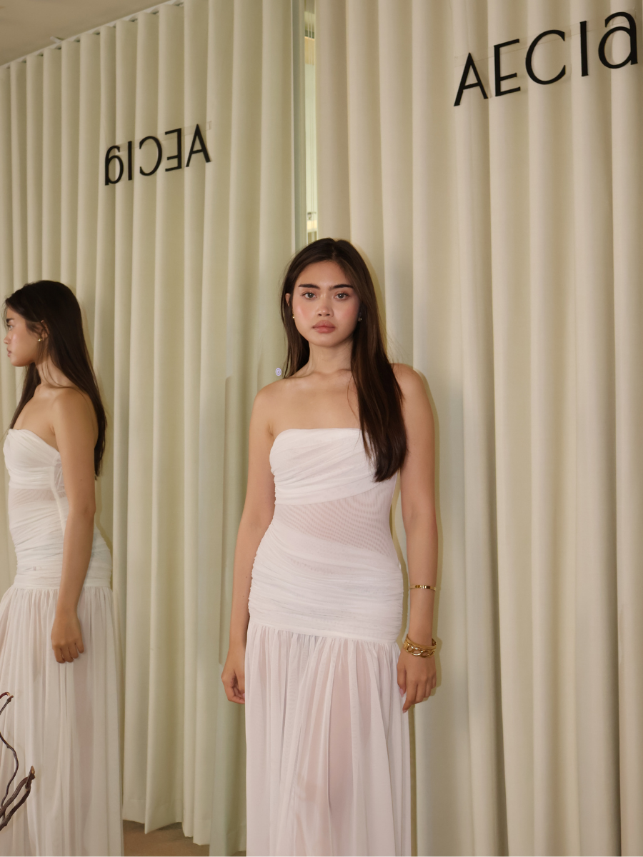 White Bandeau Mesh Midi Dress