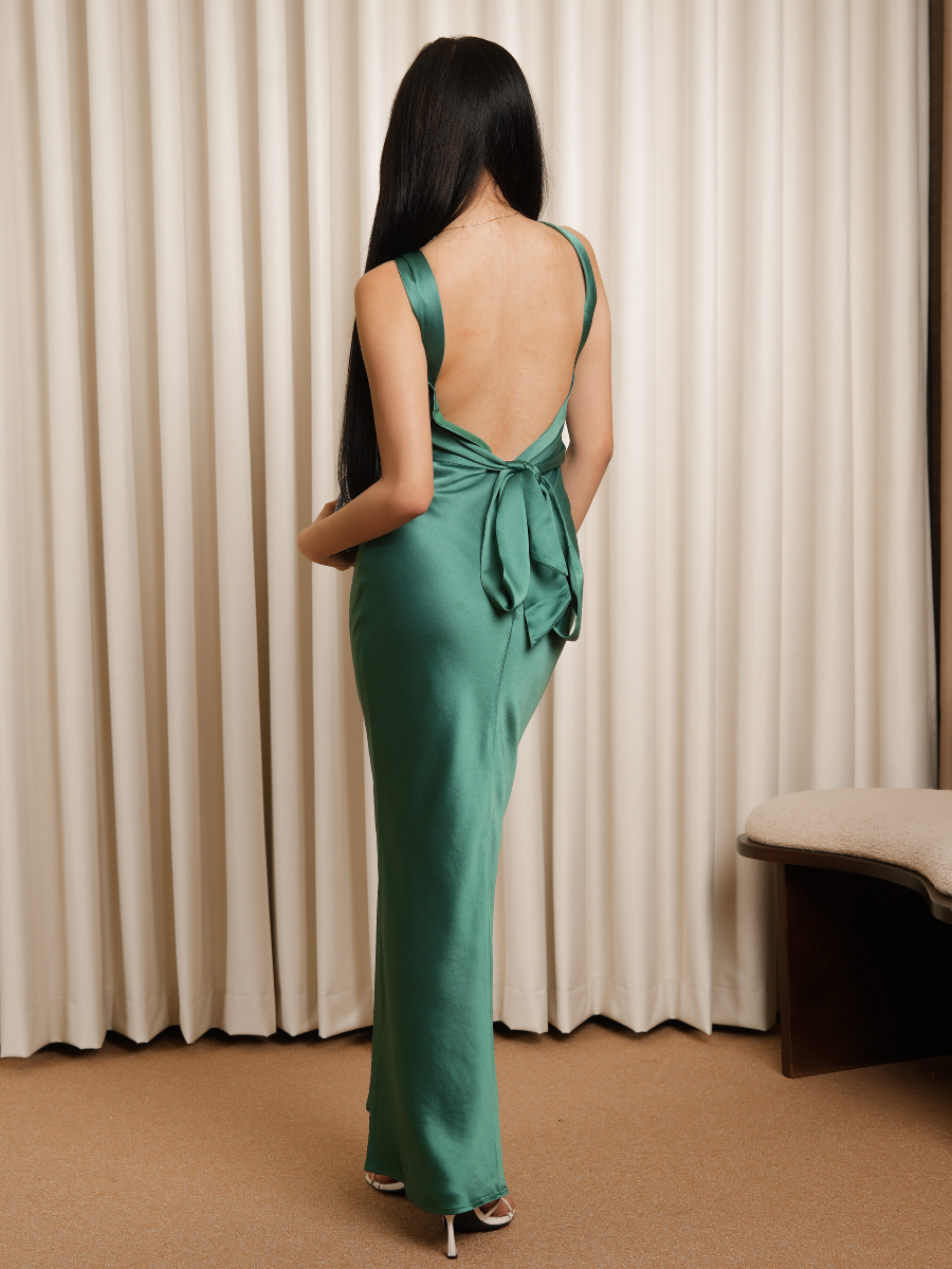 Evergreen One Shoulder Haltered Silk Dress