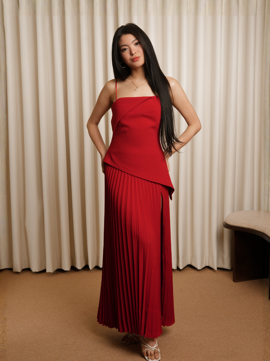 Matilda Pleated Midi Dress - Red