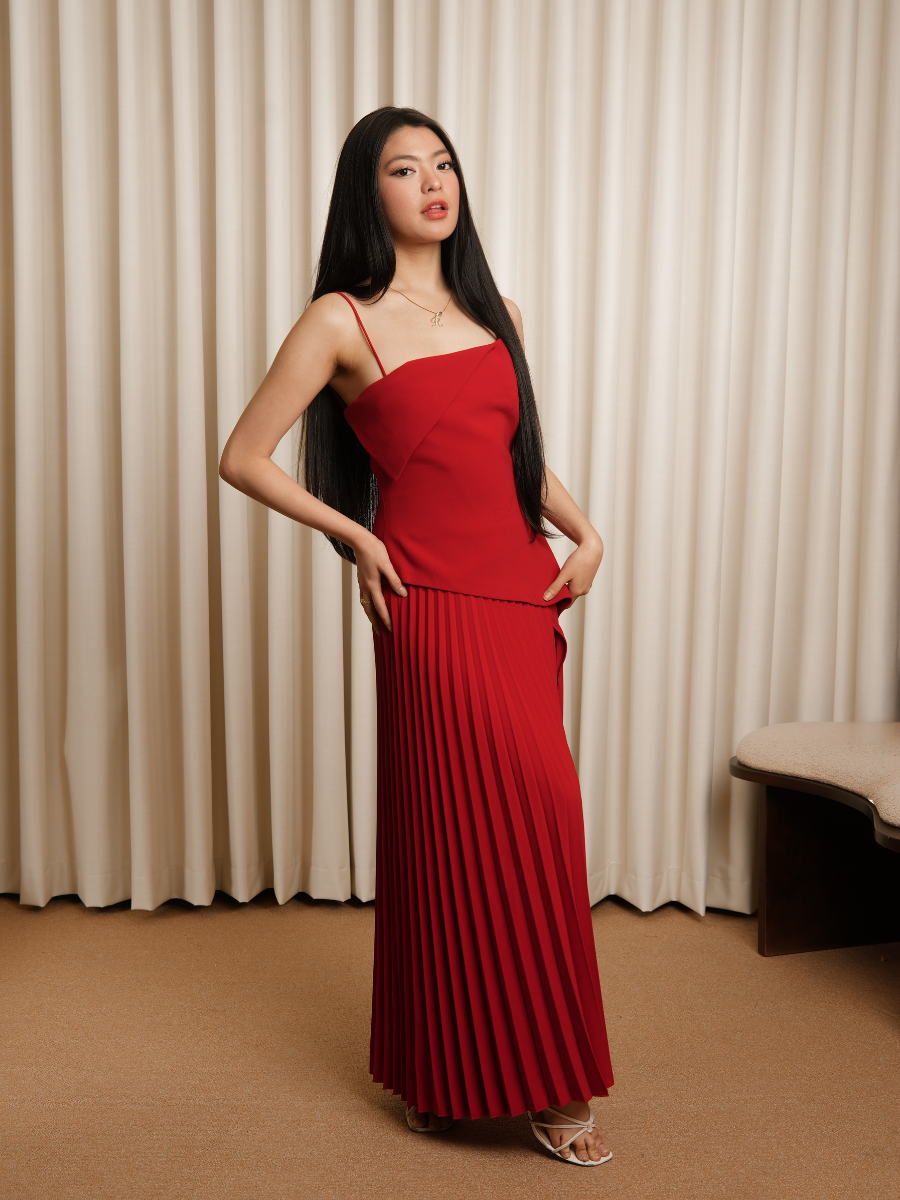 Matilda Pleated Midi Dress - Red