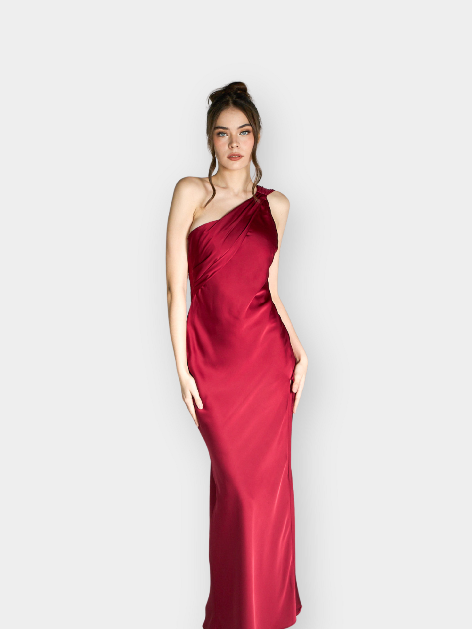 red silk one shoulder dress Delancy One Shoulder Maxi Dress
