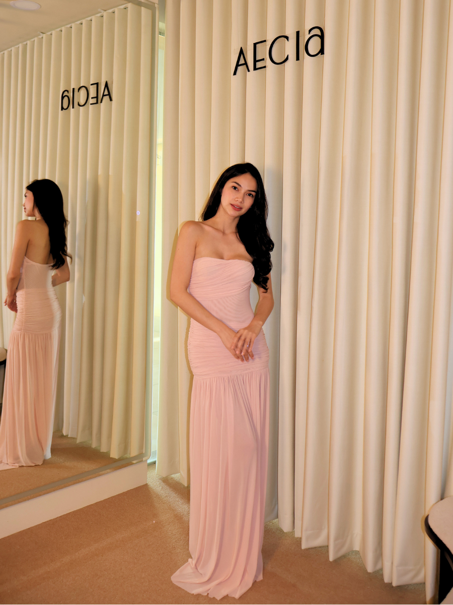 Pink Bandeau Mesh Midi Dress