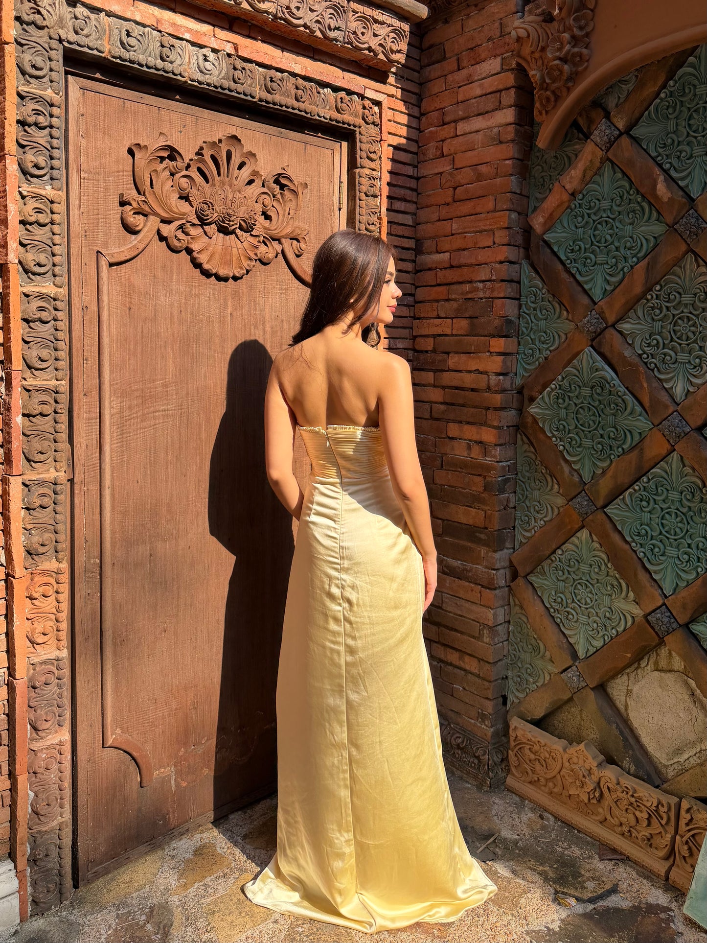 Larissa Satin Maxi Dress With Ruched Petals - Lemon