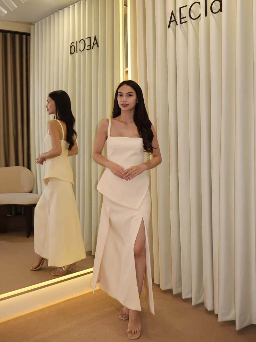 Haley Asymmetric Cami Top and Long Skirt - White