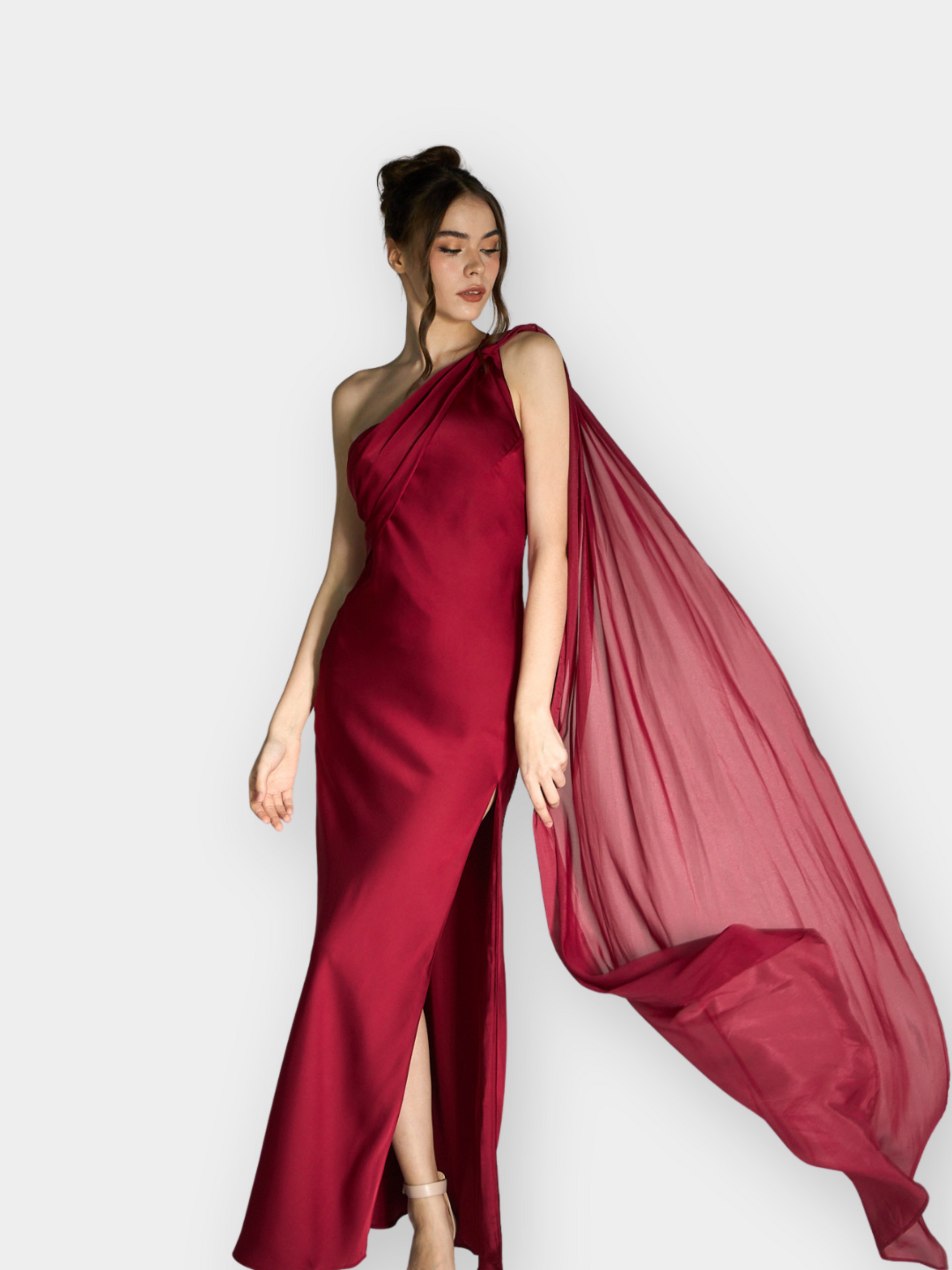 red silk one shoulder dress Romantic Affair Satin One Shoulder Maxi Dress Maroon Size XL from Hello Molly