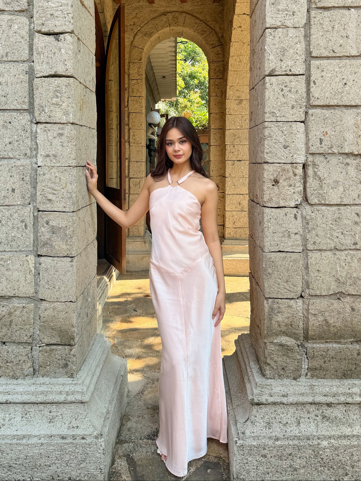 Grace Halterneck Satin Gown - Baby Pink